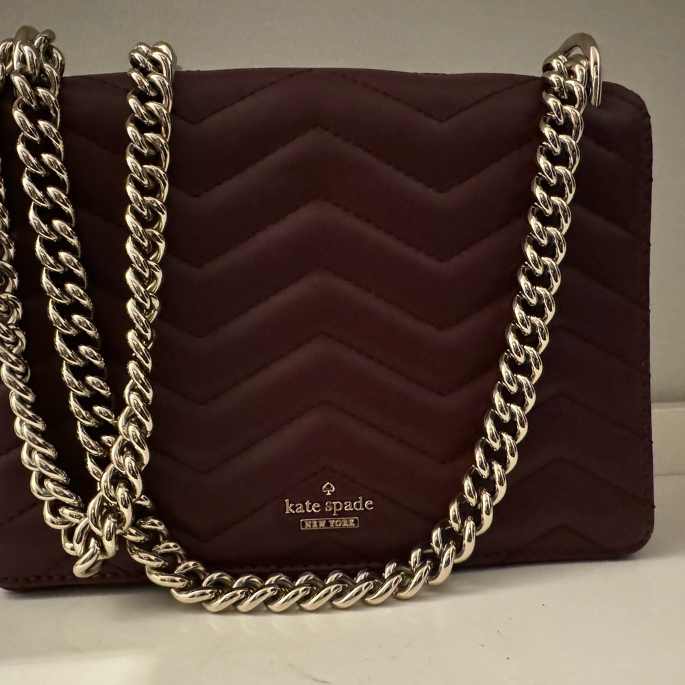 Kate Spade Quilted Leather Shoulder Crossbody Handbag - Burgundy - gold chain